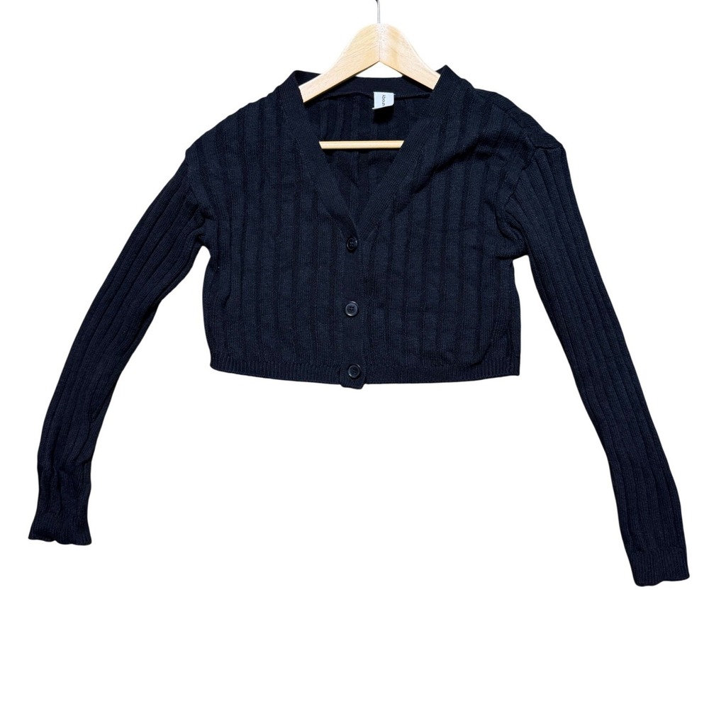 Abound Cardigan Women S XX7502 Black Ribbed V-Neck Cropped Button Front EUC
